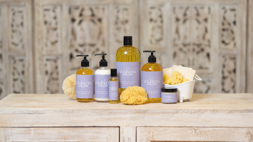 Pumps of all natural body wash, body lotion, sponges, loofahs and travel size body wash. 