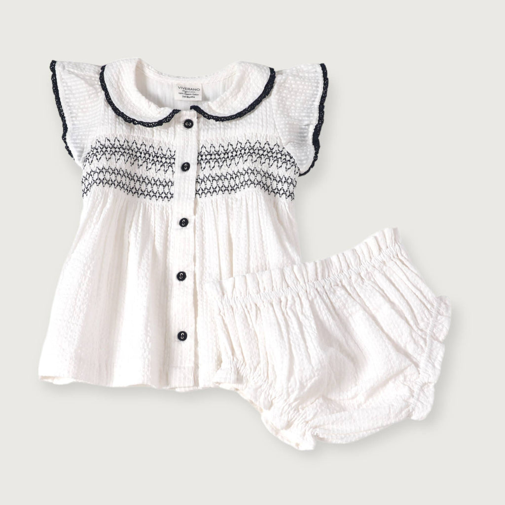 Celine Seersucker Smocked Organic Cotton Baby Dress w/ Bloomer