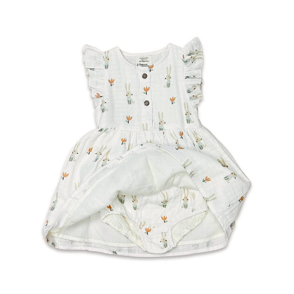 Bunny Ruffle & Button Flare Organic Cotton Baby Dress w/ Bloomer