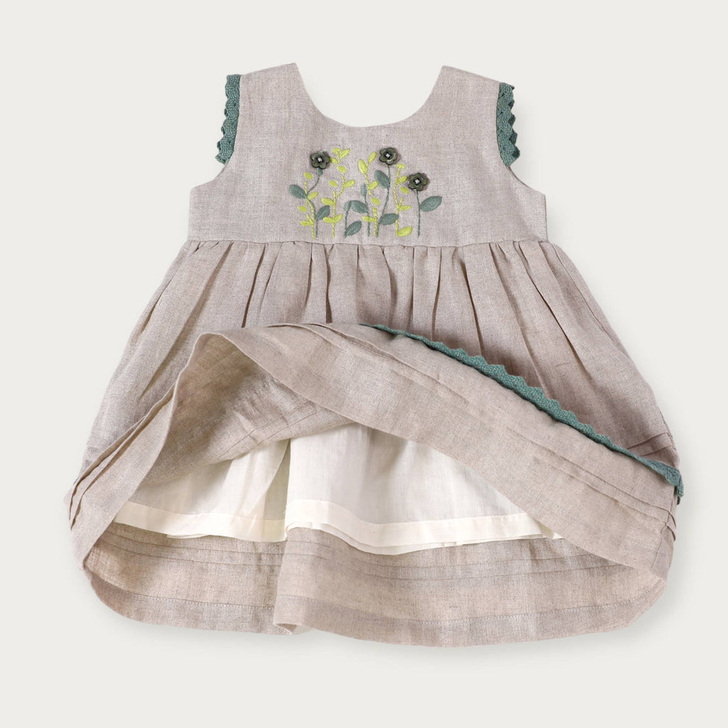 Sylvie Embroidered Organic Cotton Linen Baby Dress w/ Bloomer
