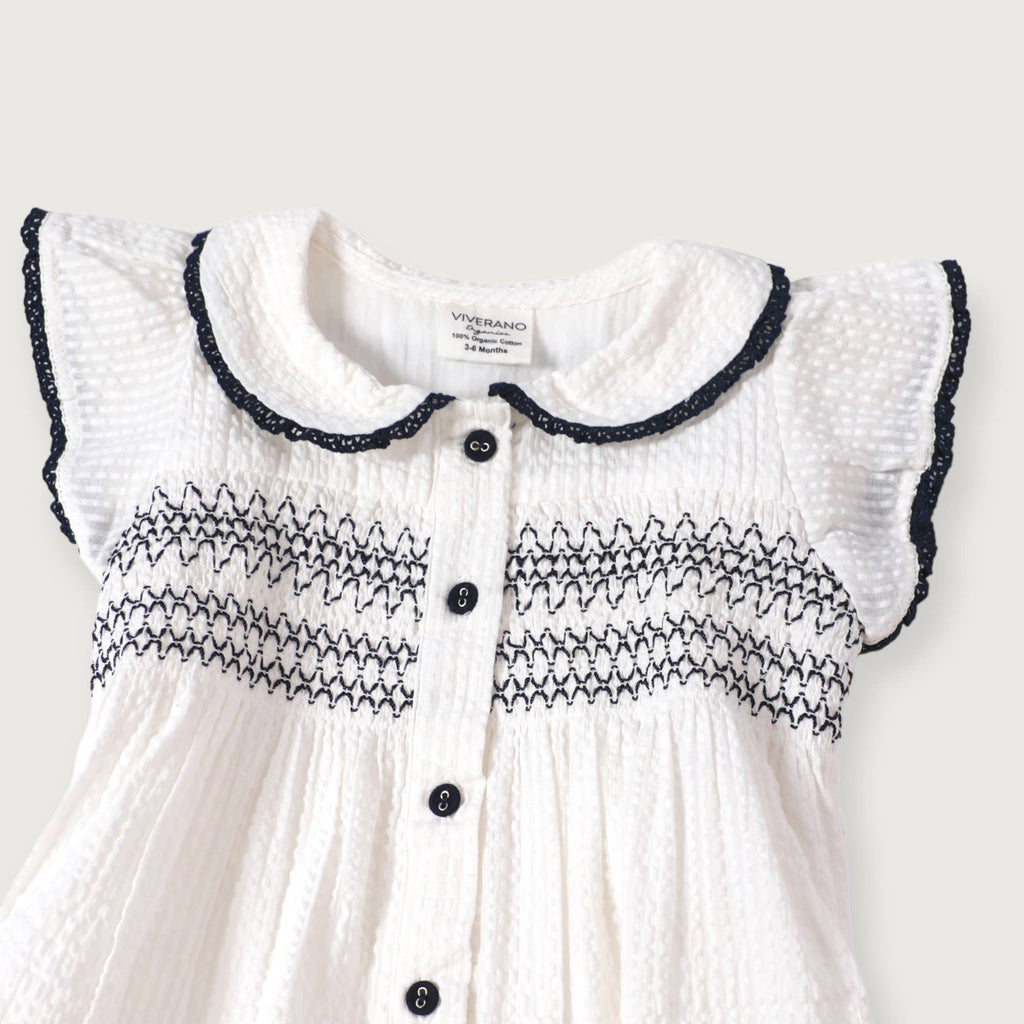 Celine Seersucker Smocked Organic Cotton Baby Dress w/ Bloomer