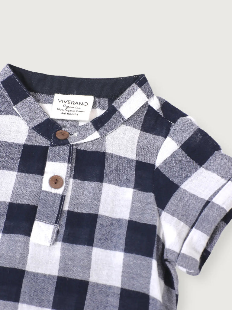 Adam Navy Checker Gingham Organic Cotton Shirt + Short Set