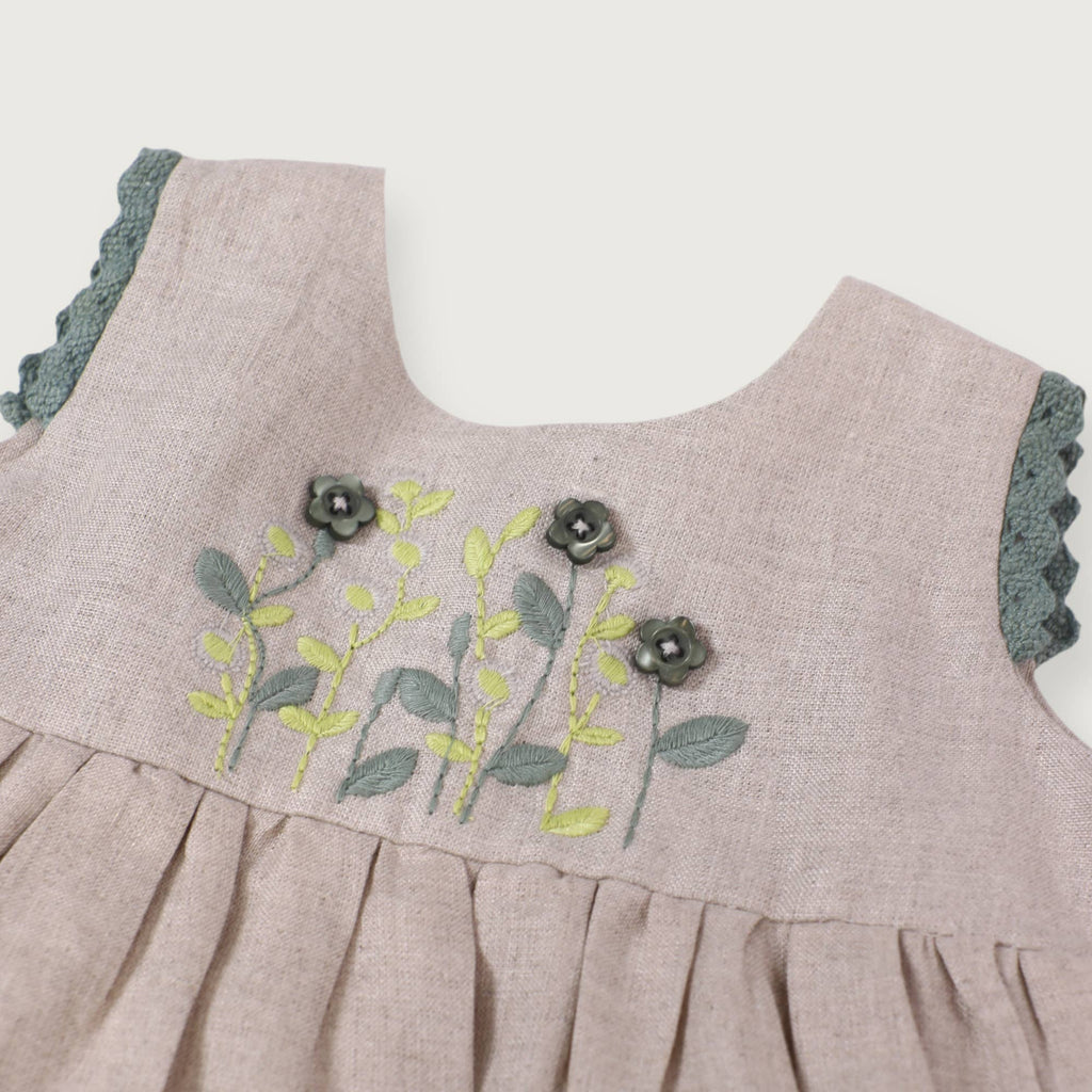 Sylvie Embroidered Organic Cotton Linen Baby Dress w/ Bloomer