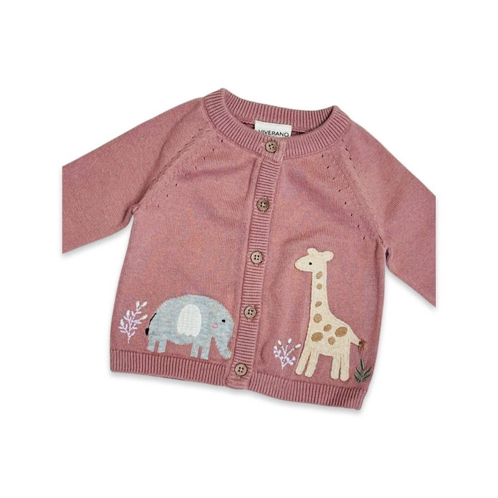 Elephant Giraffe Baby Organic Cotton Cardigan - Vintage Rose