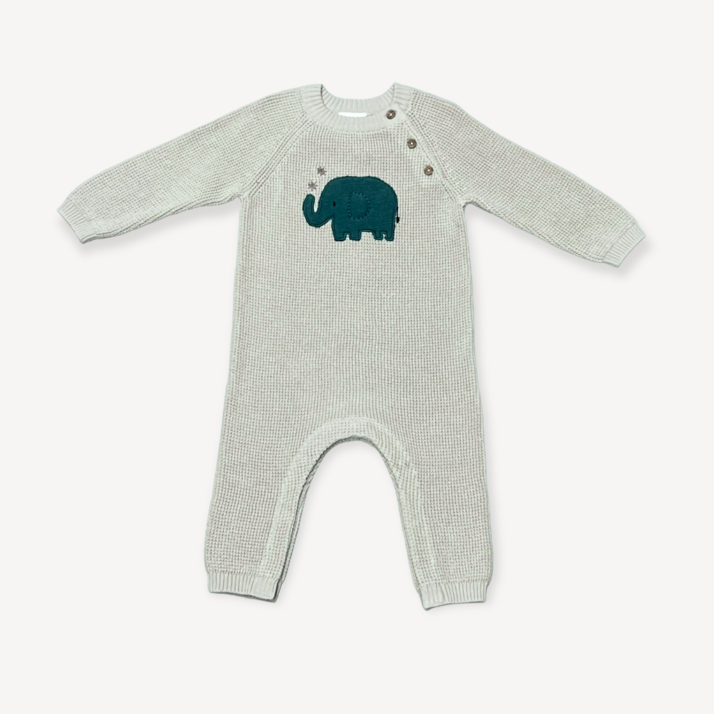 Elephant Jacquard Organic Cotton Knit Baby Jumpsuit