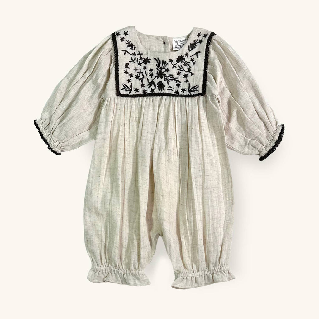 Embroidered Linen Jumpsuit Baby Romper - Natural Heather