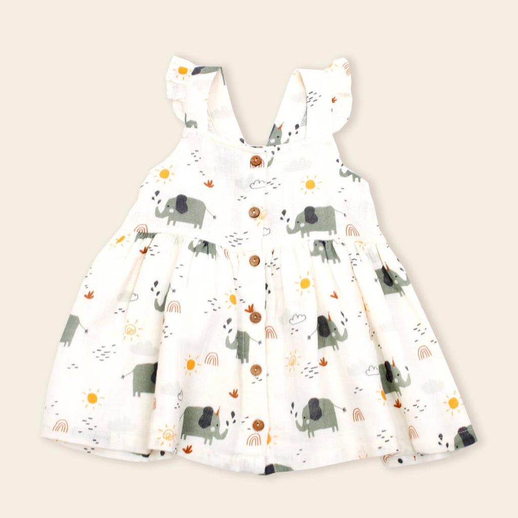 Elephant Button Front Dress with Bloomer - Natural