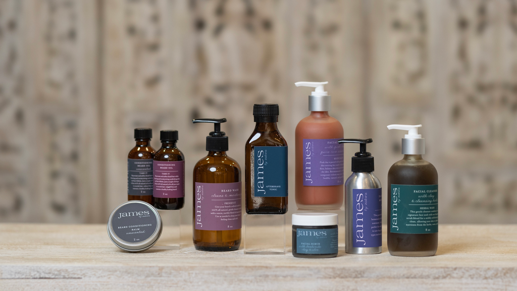 Men's skincare collection: face wash, shave soap, clay masks, beard oil, beard conditioner and aftershave.