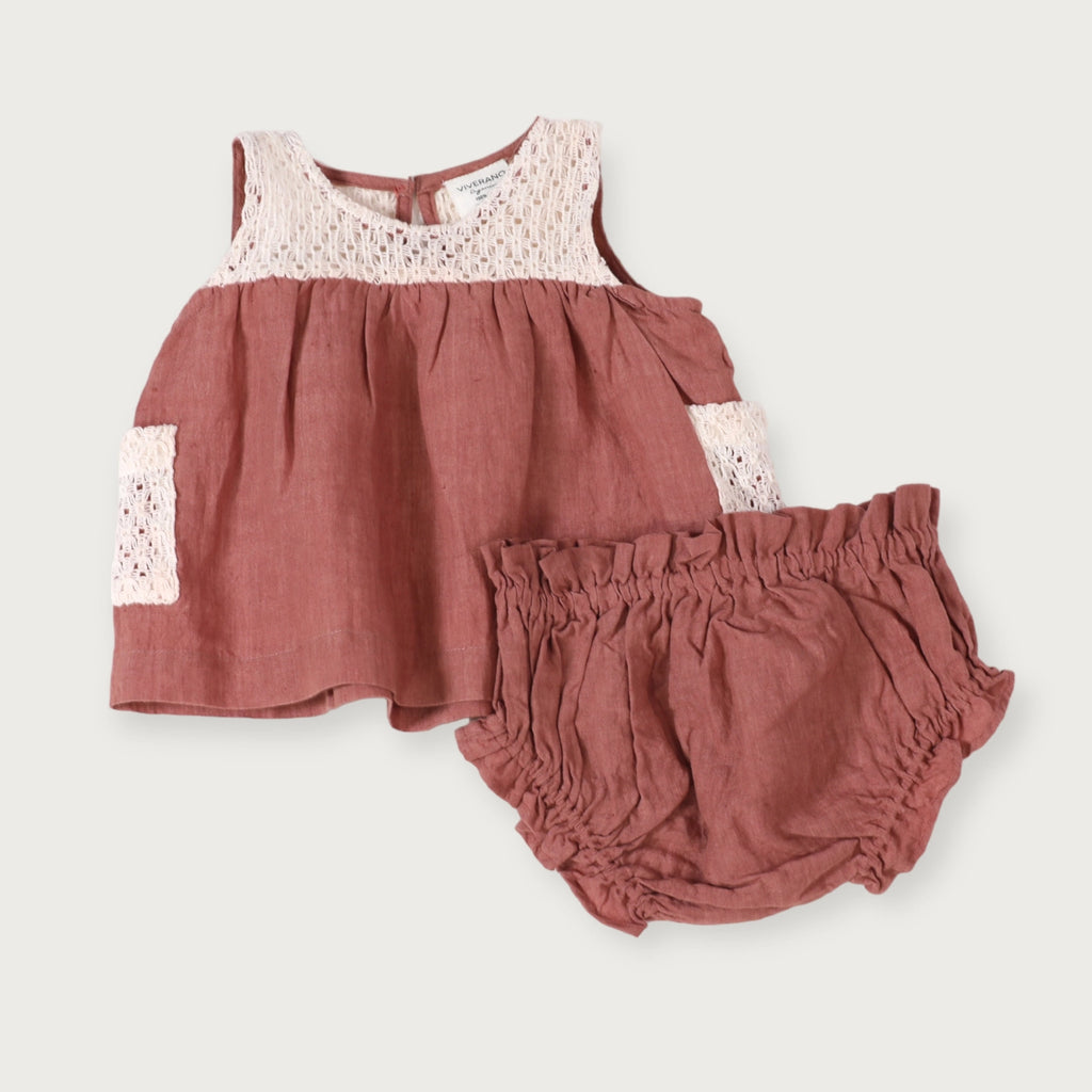 Mirabelle Linen Crochet Baby Dress & Bloomer