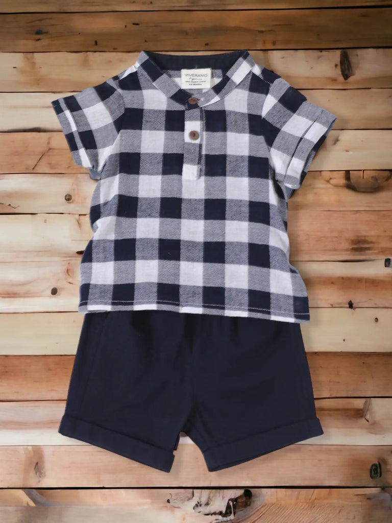 Adam Navy Checker Gingham Organic Cotton Shirt + Short Set