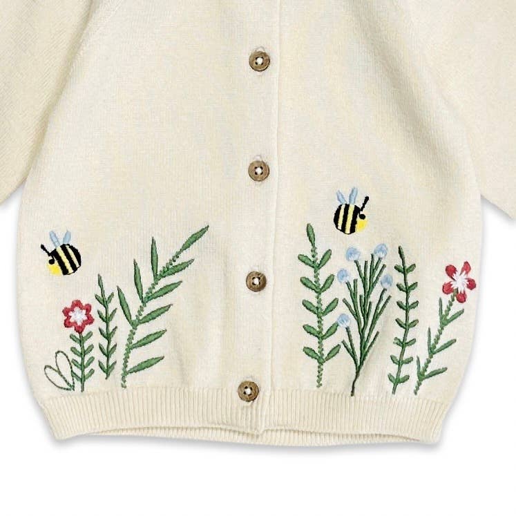 Floral Bee Embroidered Sweater Knit Organic Cotton Baby Cardigan