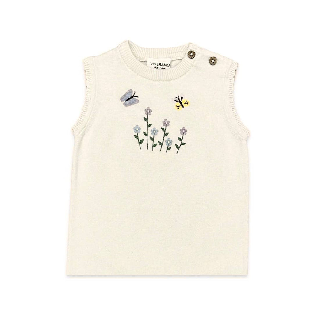 Floral Bee Embroidered Sleeveless Knit Organic Cotton Romper