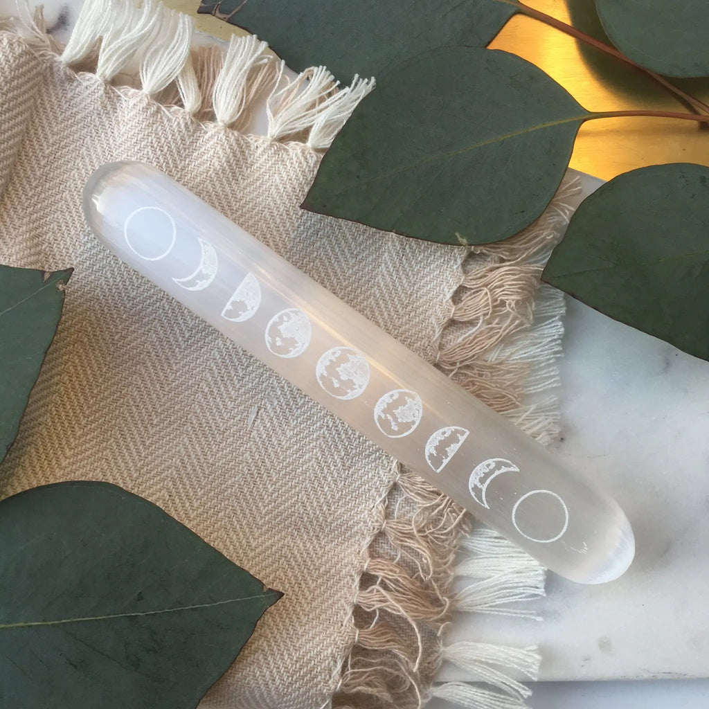 Etched Selenite Wand ~ Moon Phase