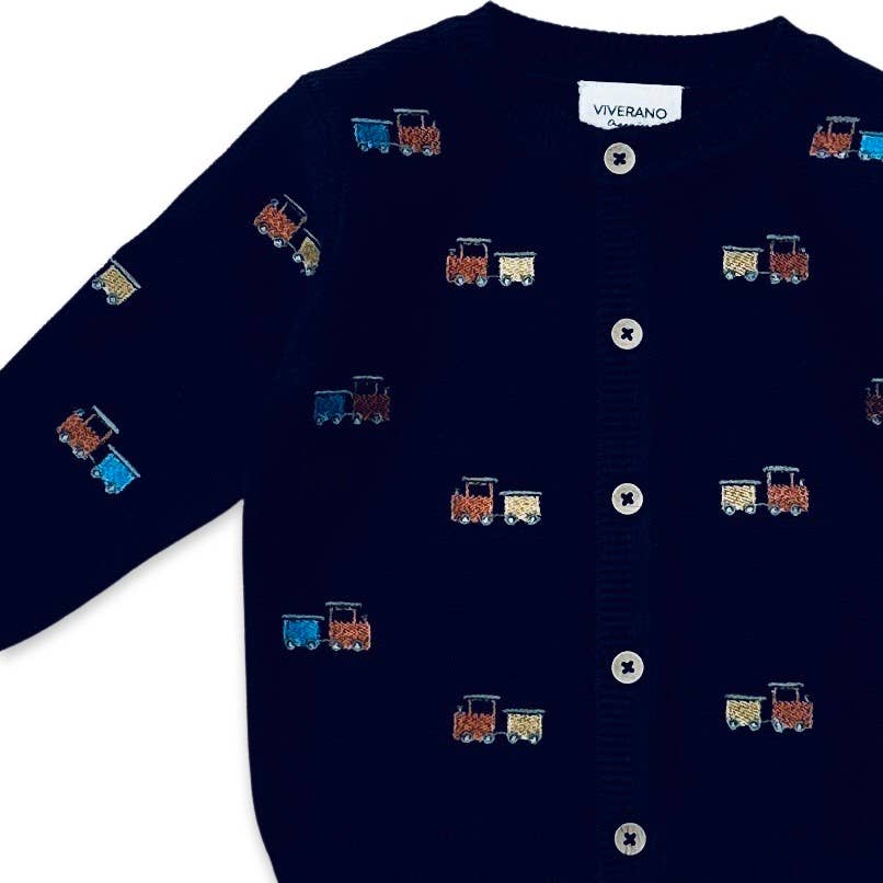 Train Embroidered Button Organic Cotton Sweater Knit Cardigan