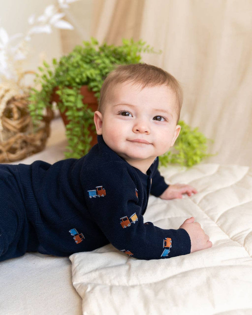 Train Embroidered Button Organic Cotton Sweater Knit Cardigan
