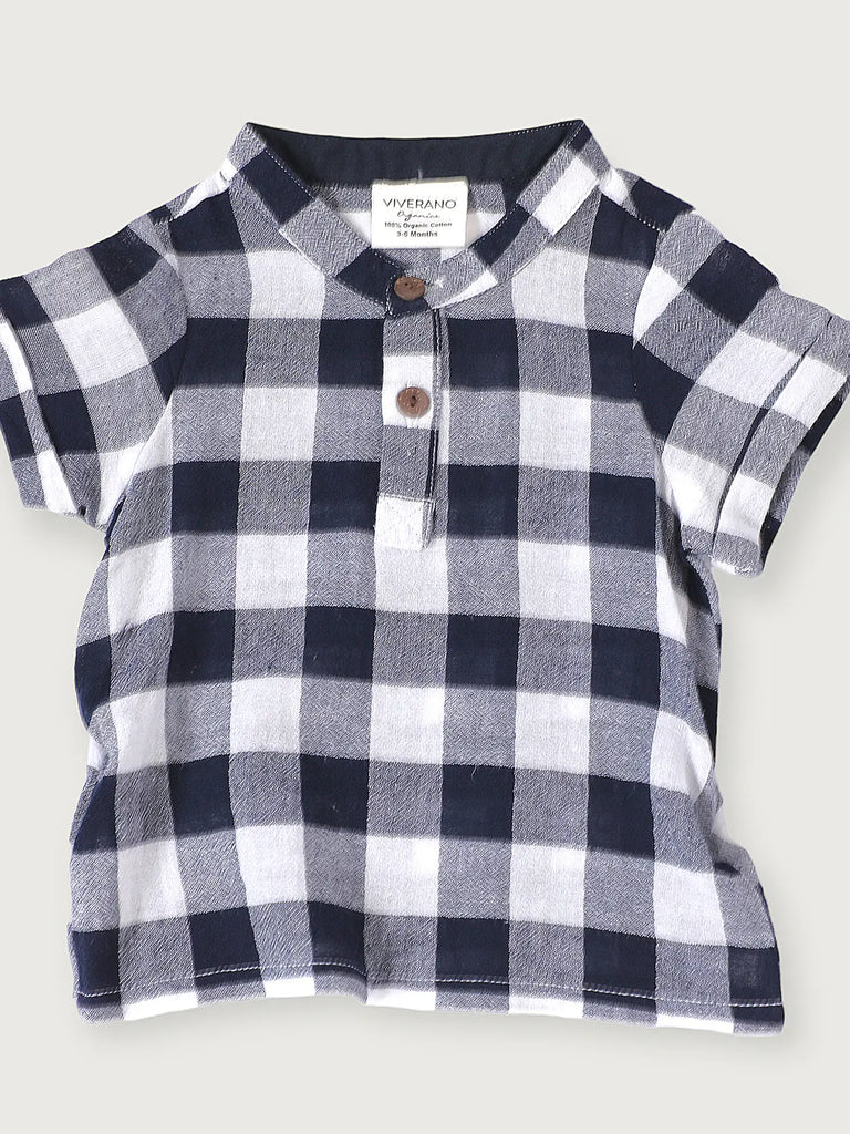 Adam Navy Checker Gingham Organic Cotton Shirt + Short Set