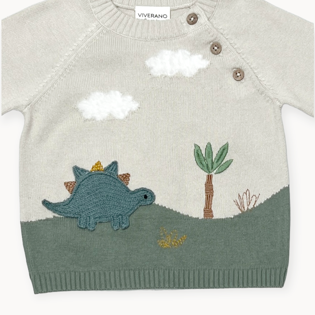 Dino Applique Button Baby Pullover Sweater - Organic Cotton