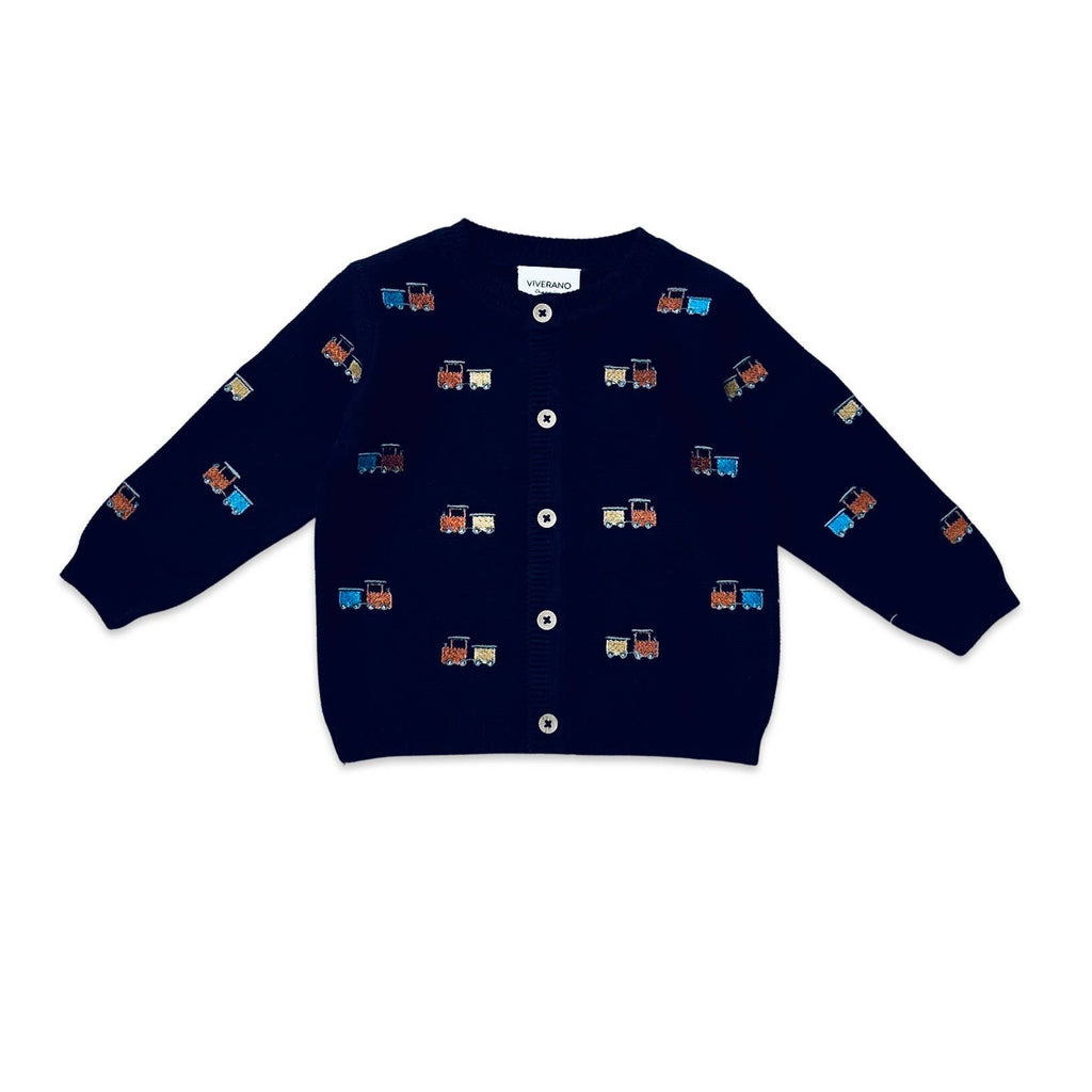 Train Embroidered Button Organic Cotton Sweater Knit Cardigan