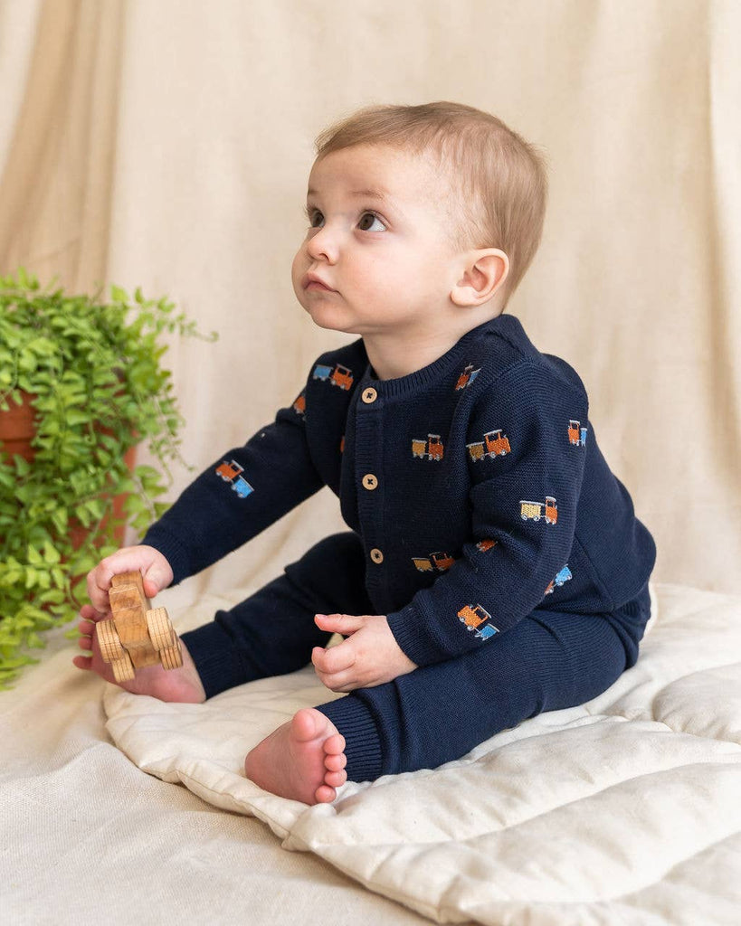 Train Embroidered Button Organic Cotton Sweater Knit Cardigan
