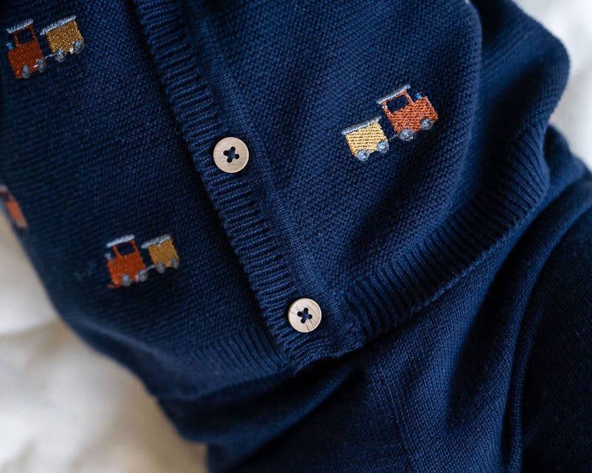 Train Embroidered Button Organic Cotton Sweater Knit Cardigan