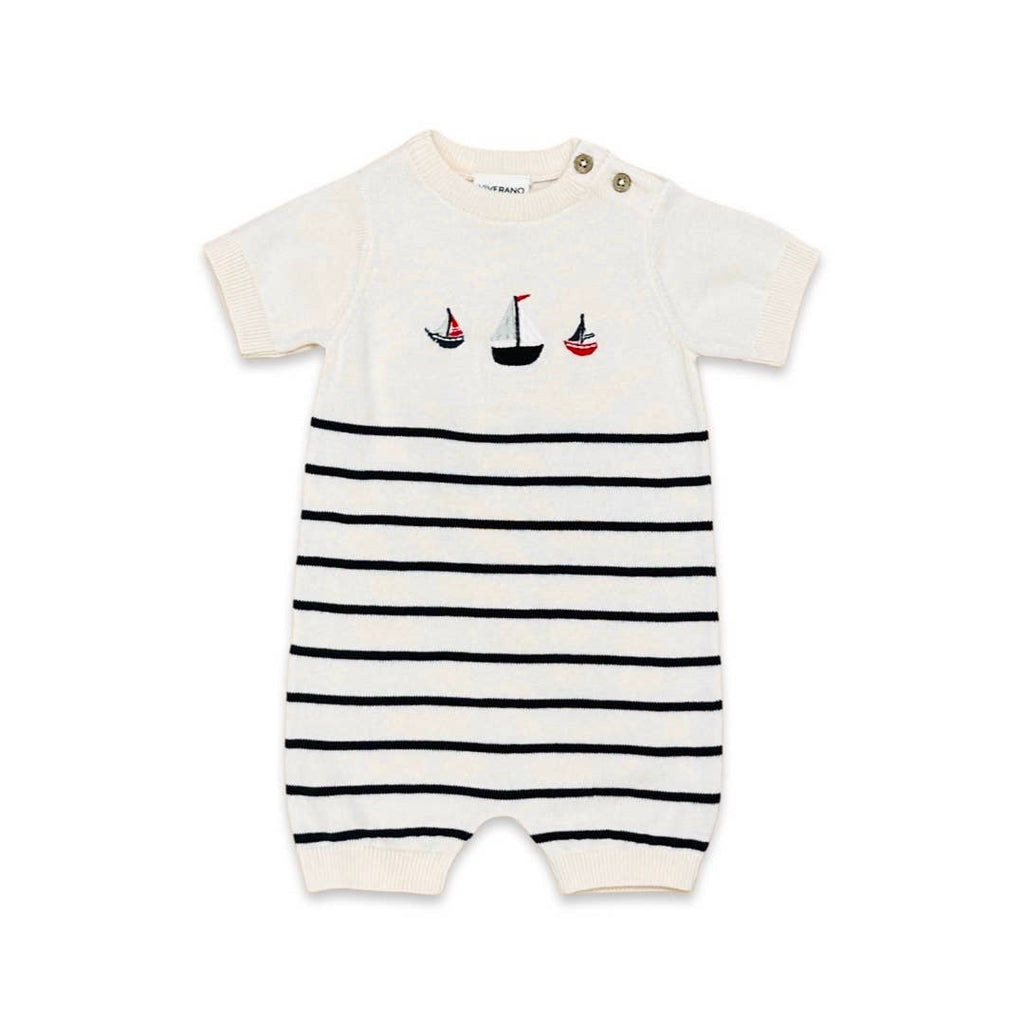 Sailboat Embroidered Organic Cotton Knit Short Baby Romper