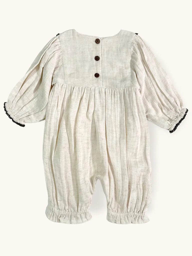 Embroidered Linen Jumpsuit Baby Romper - Natural Heather