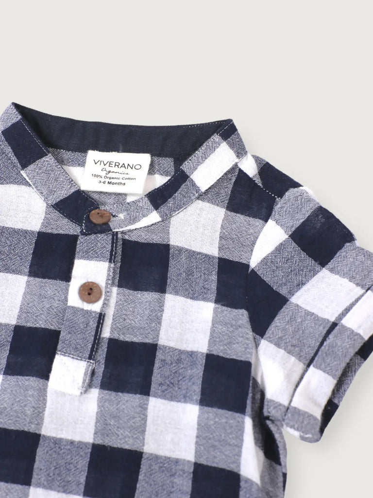 Adam Navy Gingham Organic Cotton Shirt + Short Set
