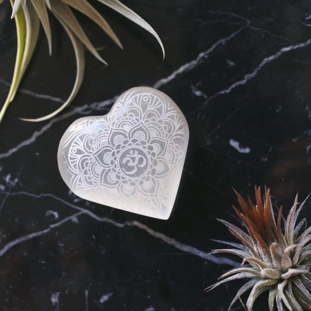 Etched Selenite Heart ~ Om Mandala