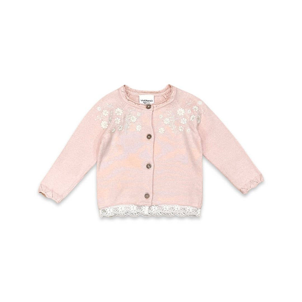 Floral Embroidered Knit Lace Trim Organic Cotton Cardigan