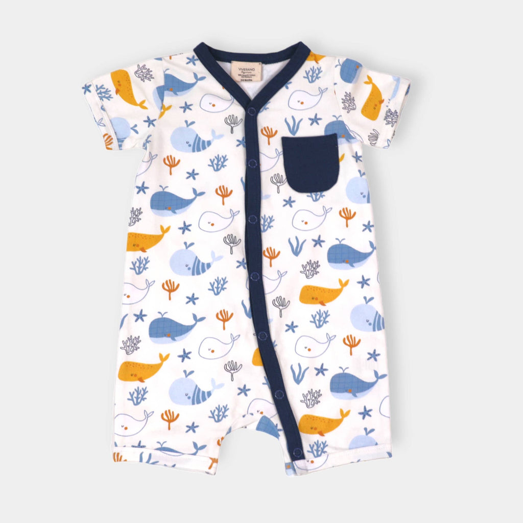 Ocean Whales Organic Jersey Pocket & Button Romper