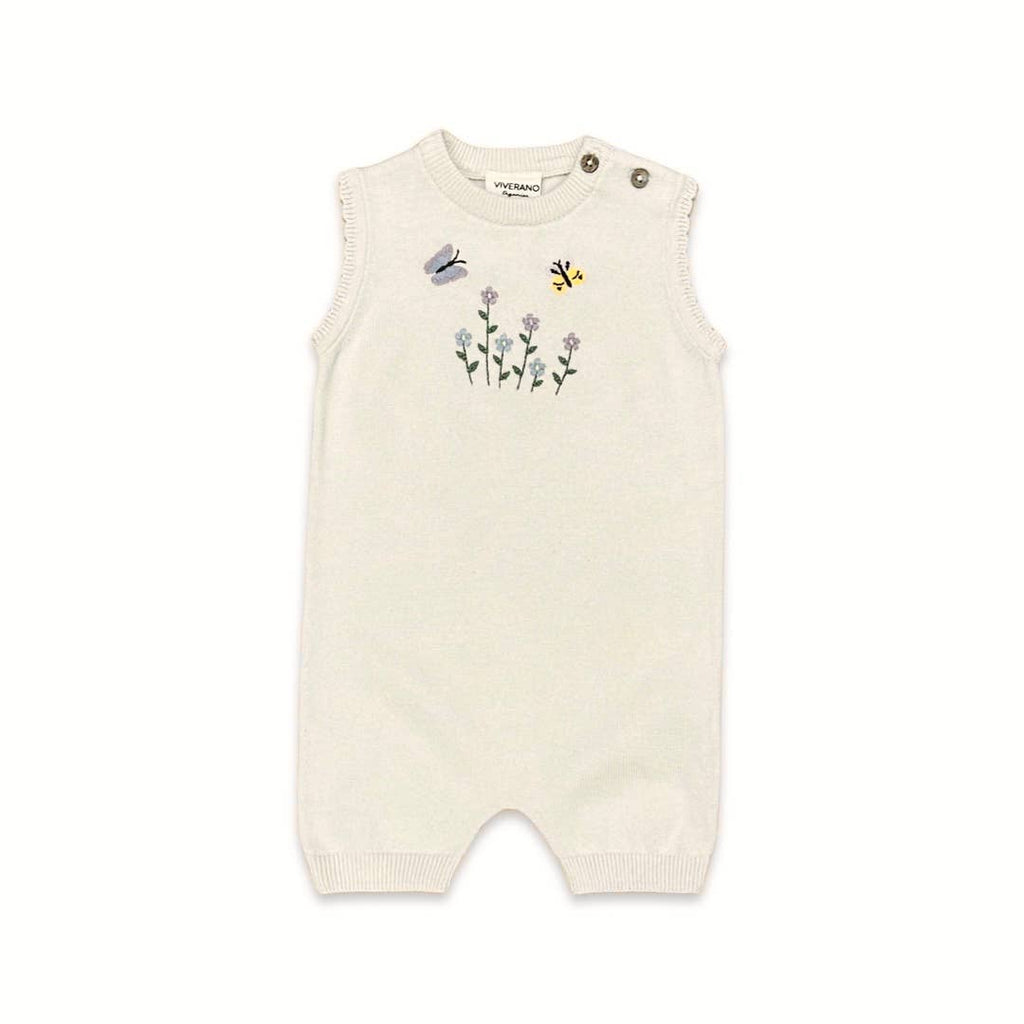 Floral Bee Embroidered Sleeveless Knit Organic Cotton Romper