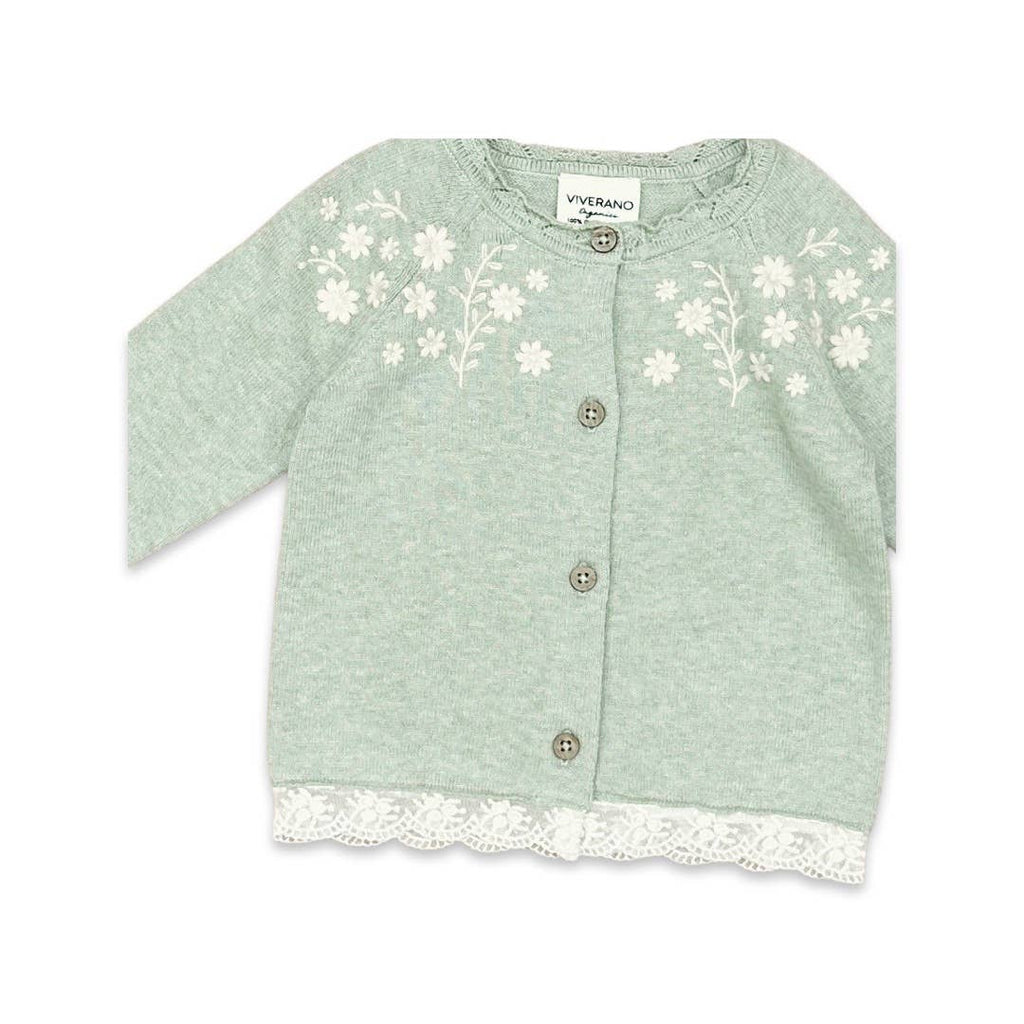 Floral Embroidered Knit Lace Trim Organic Cotton Cardigan