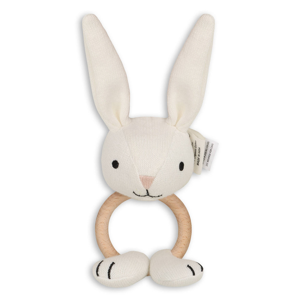 Scallop Classic Knit Baby Blanket & Bunny Rattle Gift Set