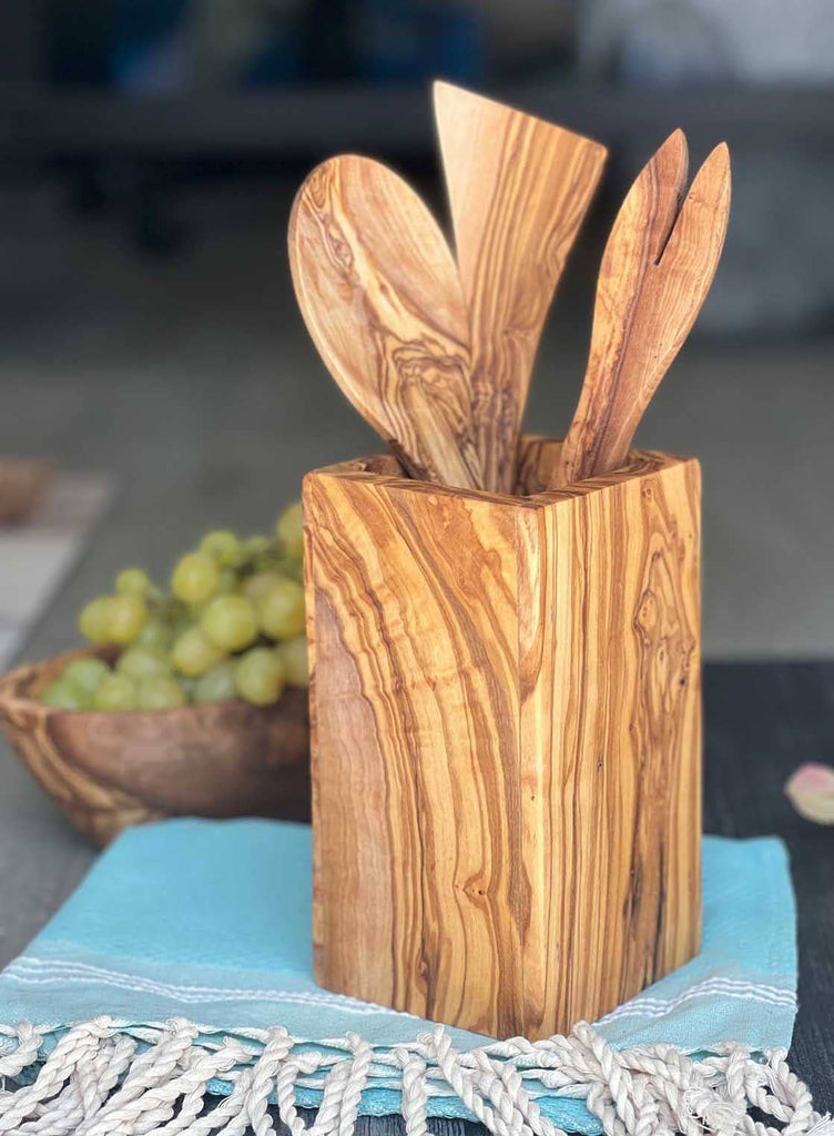 Olive Wood Rectangular Vase or Utensil Holder