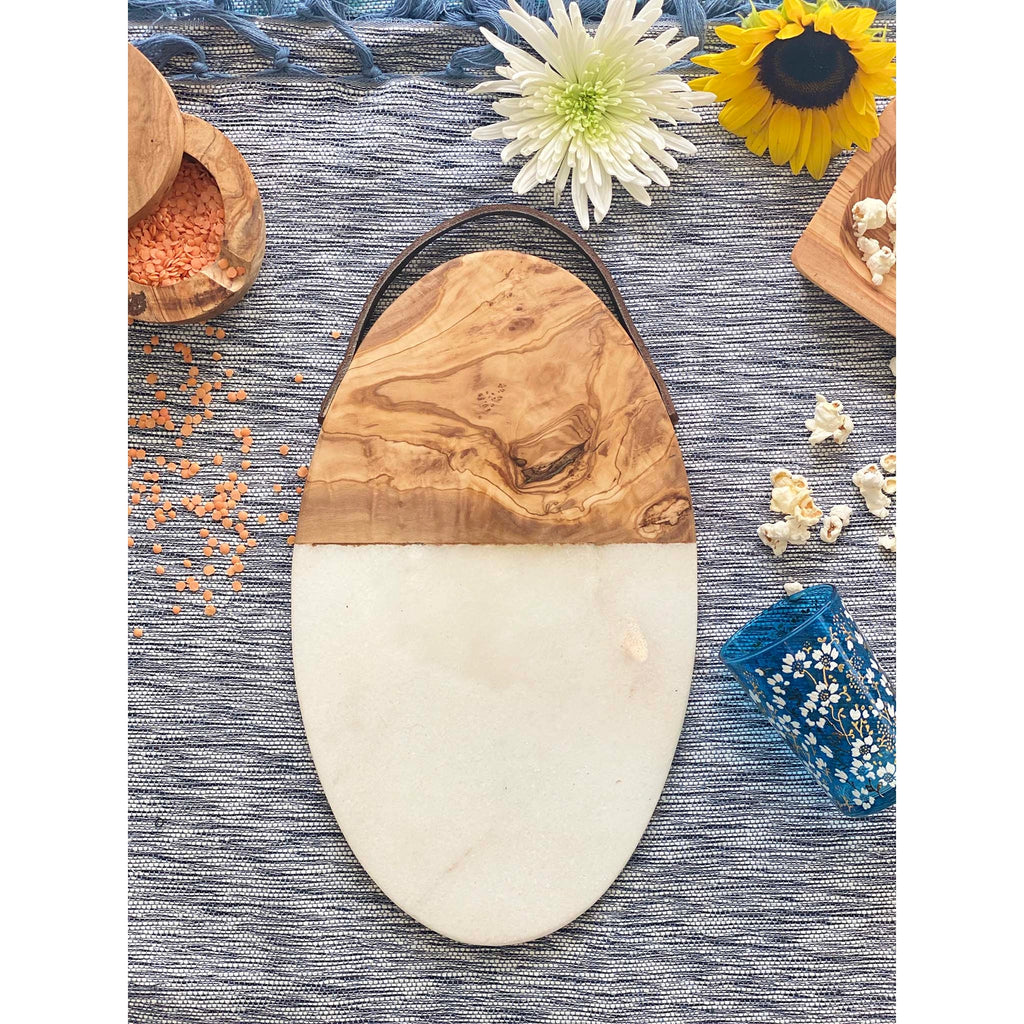 Olive Wood and Marble Oval Cutting Board