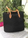 Rectangular Cotton Crochet Tote with Leather Handles