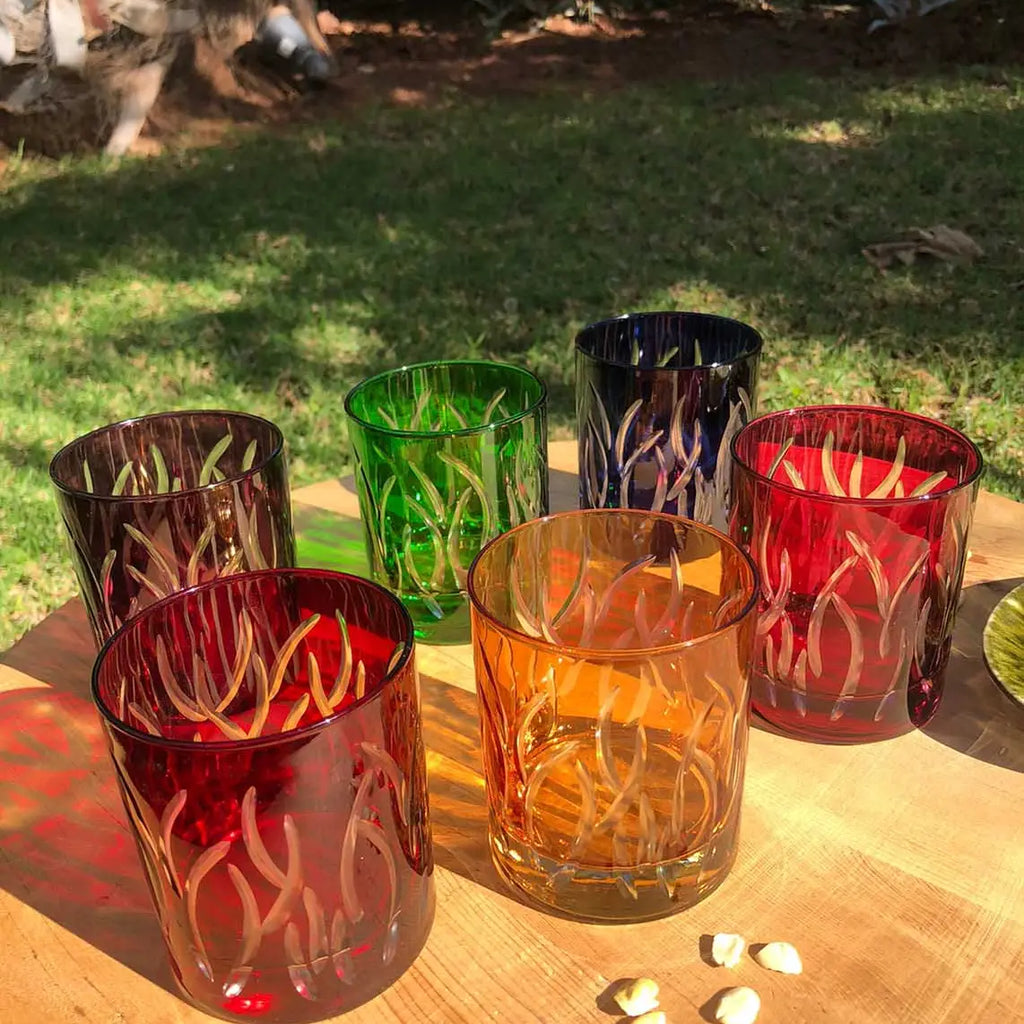 Set of 6 Drinking Glasses - Colored Carved Leaves