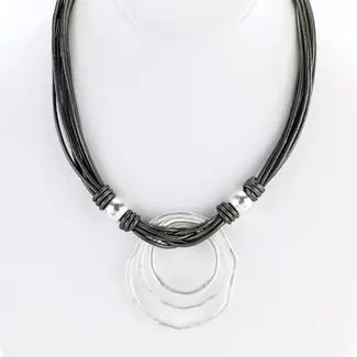 Three Silver Ring Leather Necklace