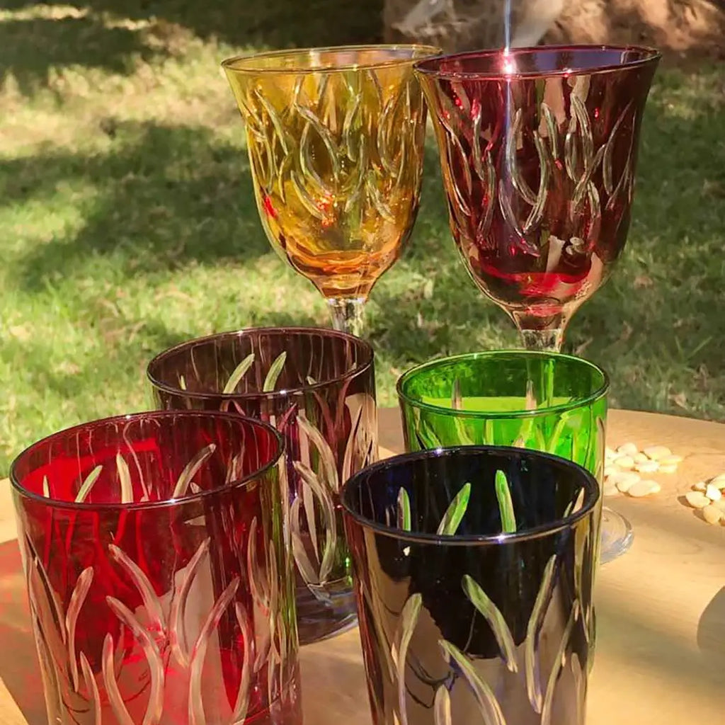Set of 6 Wine Glasses - Colored Carved Leaves