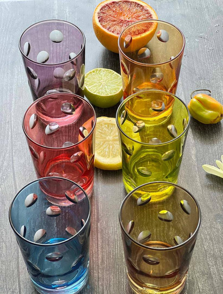 Set of 6 Tea Glasses - Color Cut Bubbles
