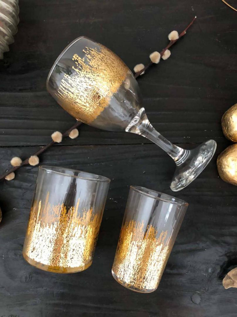 Set of 6  Wine Glasses Clear Gold Flame Design