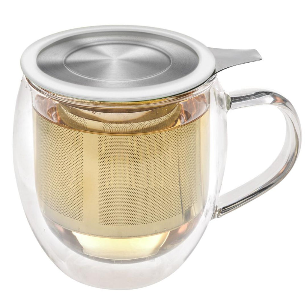 VENICE DOUBLE WALL GLASS MUG WITH INFUSER & LID/COASTER