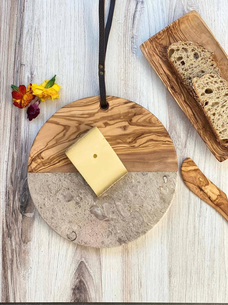 Olive Wood and Marble Round Cutting Board