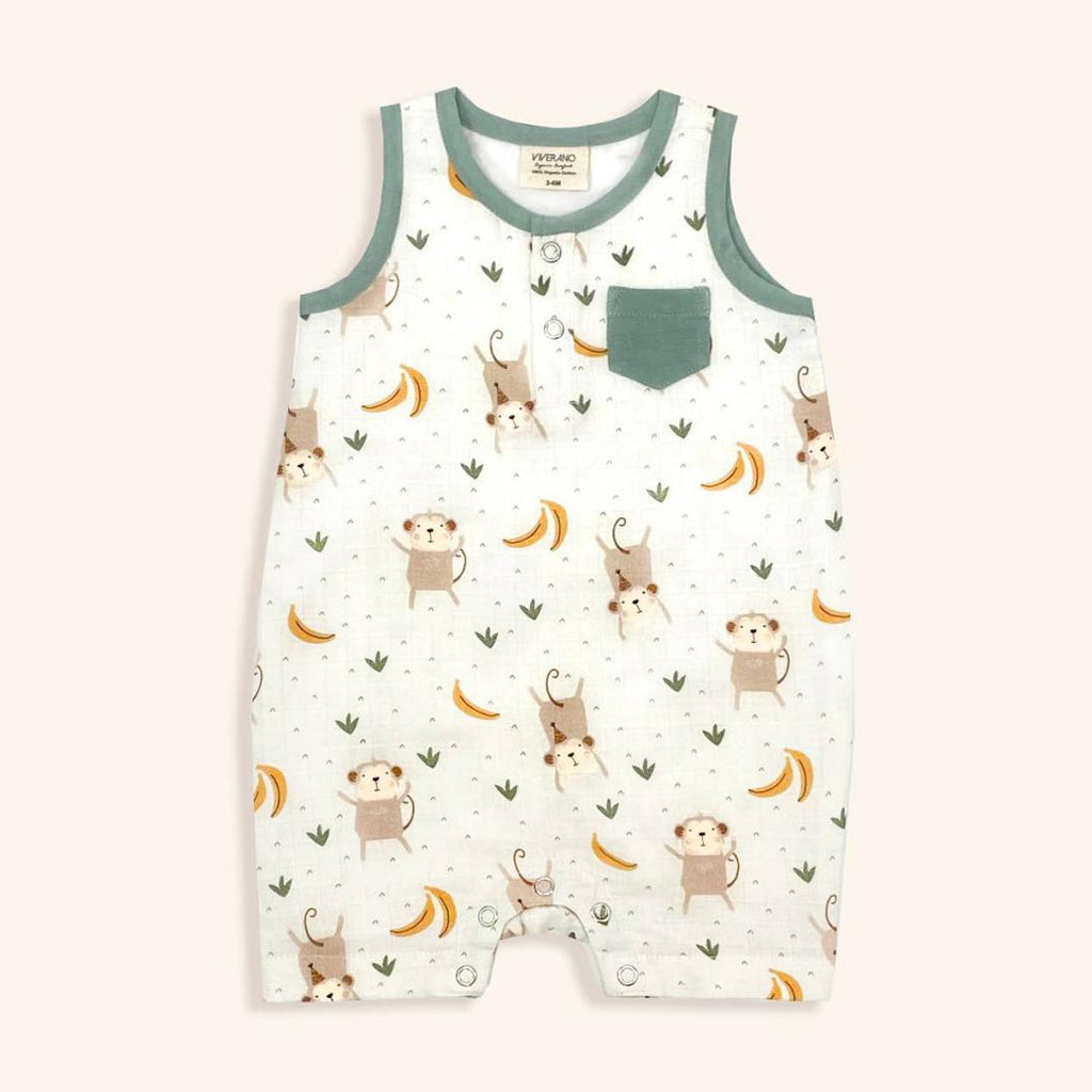 Monkey Sleeveless Short Romper (Organic Cotton Muslin)